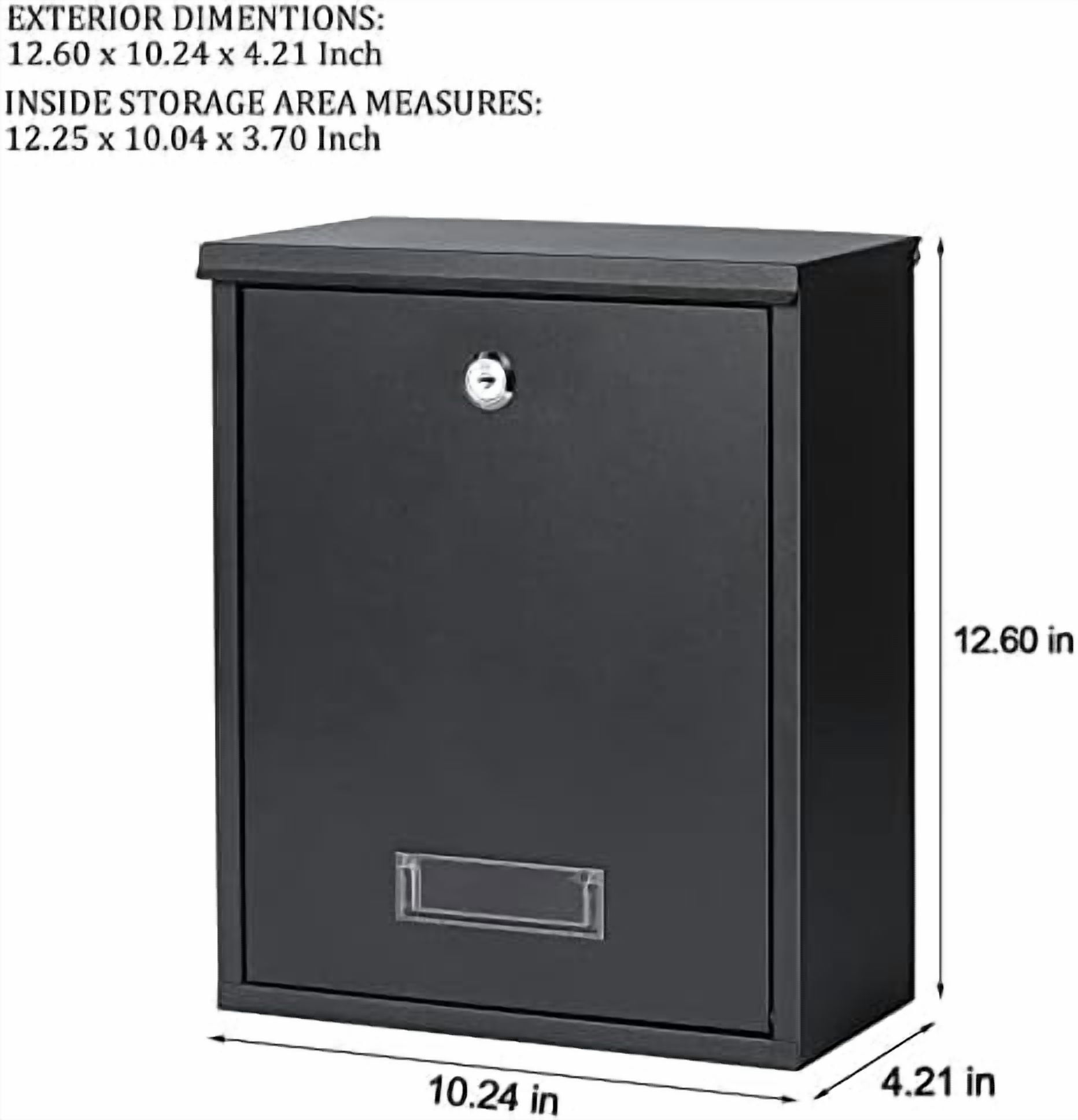 Locking Mailbox Wall Mount Key Lock Drop Box Large Capacity with Galvanized Steel Cover and Rust-Proof Metal Post Box, Black Matt, SM-0702LK,Medium