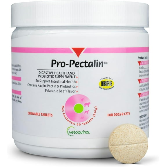 Vetoquinol Pro-Pectalin Chewable Tablets for Dogs & Cats, Helps Relieve Occasional Diarrhea, Situational Diarrhea Relief with Kaolin and Pectin, Contains Beneficial Probiotic Bacteria, 60ct