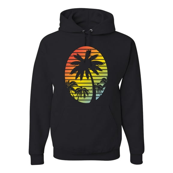 Tropical Palm Trees Silhouettes with Sunset | Mens Pop Culture Hooded Sweatshirt Graphic Hoodie, Black, Small