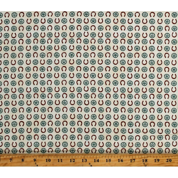 Cotton Horseshoes Western Wild West Cowboys Stars Home on the Range Deb Strain Cream Cotton Fabric Print by the Yard (19996-11)