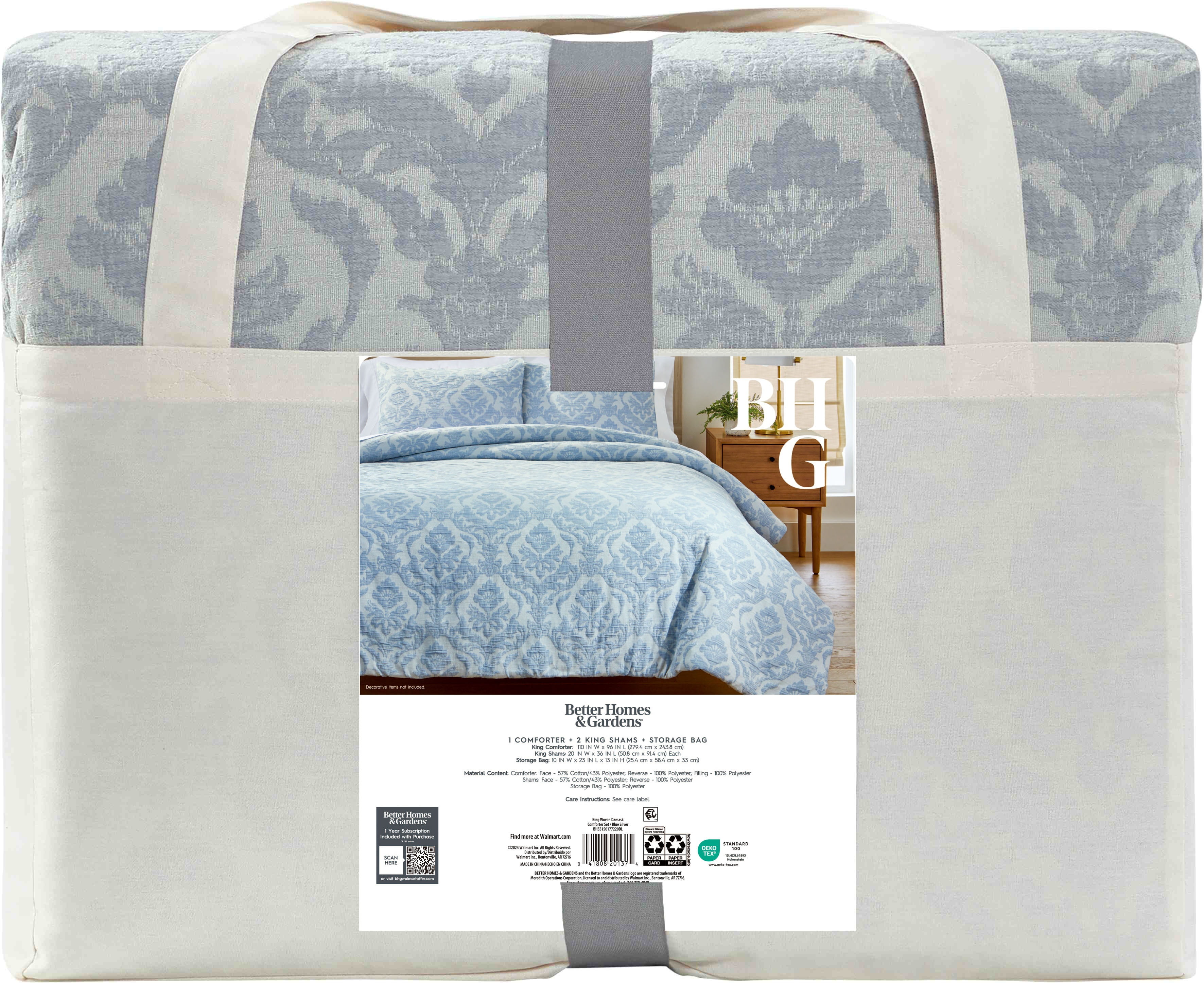 Better Homes & Gardens Woven Damask 3-Piece Comforter Set, Blue/Silver, King, All Ages