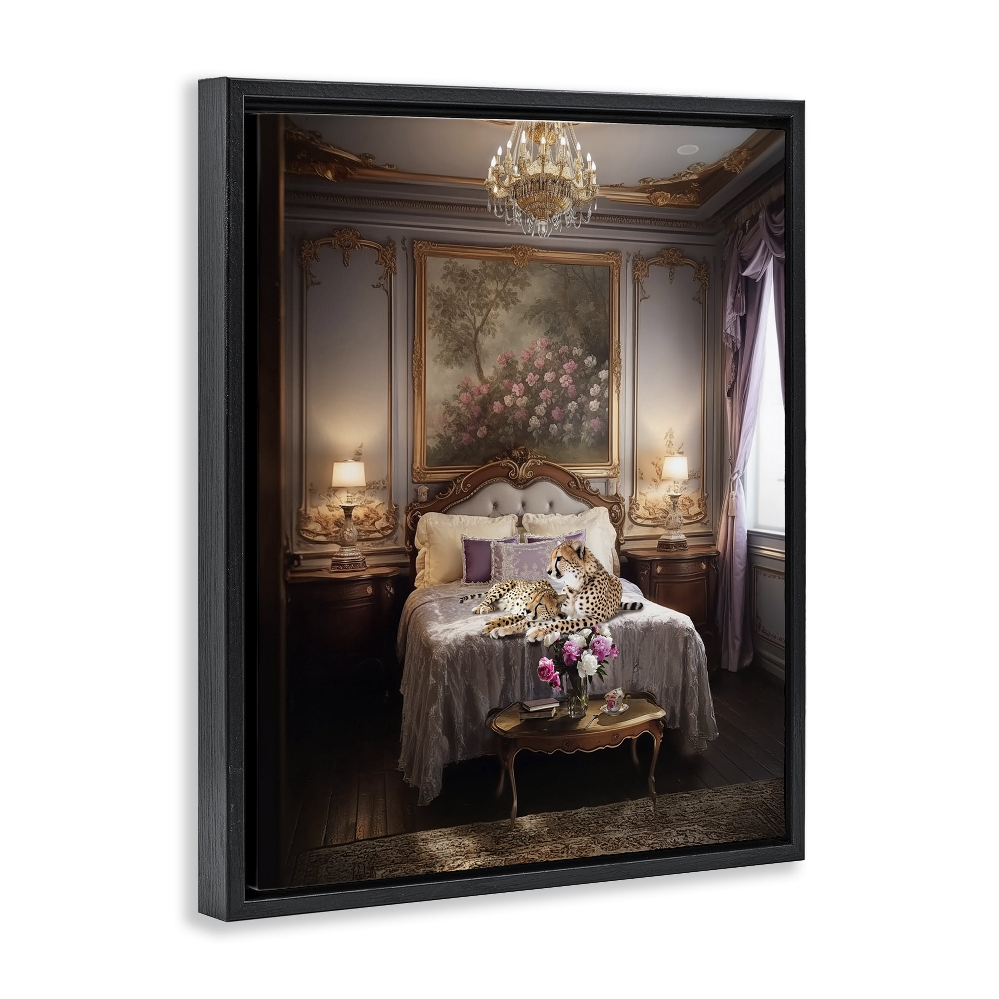 Stupell Industries Cheetah on Regal Bed Animals Painting Black Floater Framed Canvas Art Print Wall Art, 25 x 31