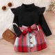 thumbnail image 2 of Gibobby faldas de mezclilla para mujer para niñas pequeñas, Tops con estampado a cuadros, conjuntos de falda con pajarita(Negro, 3-4 Años), 2 of 5