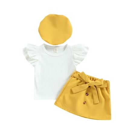 

Bagilaanoe 3Pcs Toddler Baby Girls Casual Outfits Patchwork Short Sleeve T-shirt Tops + Mini Skirt with Belt + Hat 9M 12M 24M 3T 4T 5T Kids Skirt Set