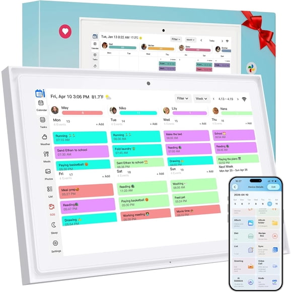 The NIdemaoA 10.1-inch AI Smart Touchscreen Digital Calendar is a family electronic calendar with features such as chores rewards, meal planning, HD camera video calls, and a digital photo frame mode.