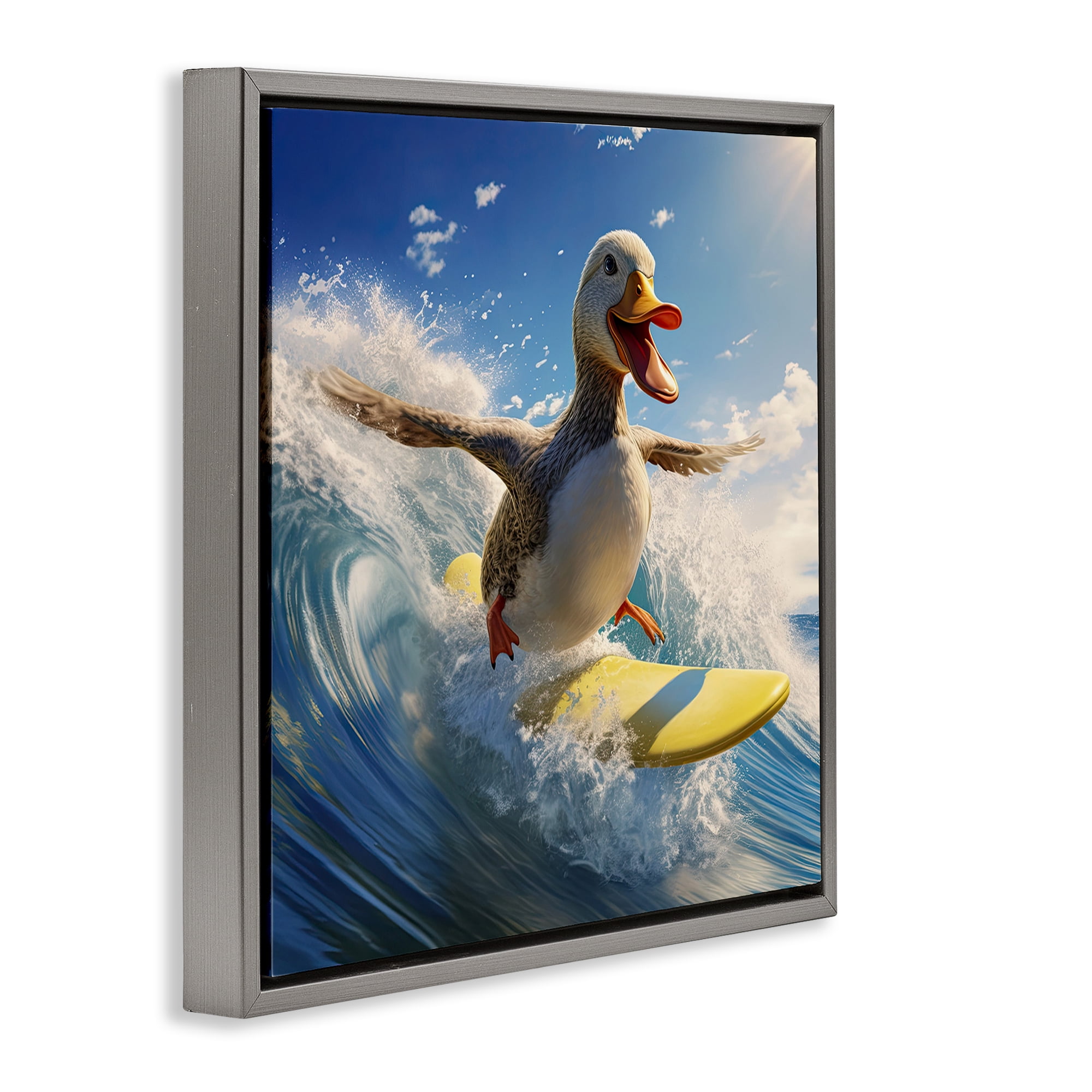 Stupell Industries Happy Surfing Duck Coastal Painting Gray Floater Framed Canvas Art Print Wall Art, 25 x 25