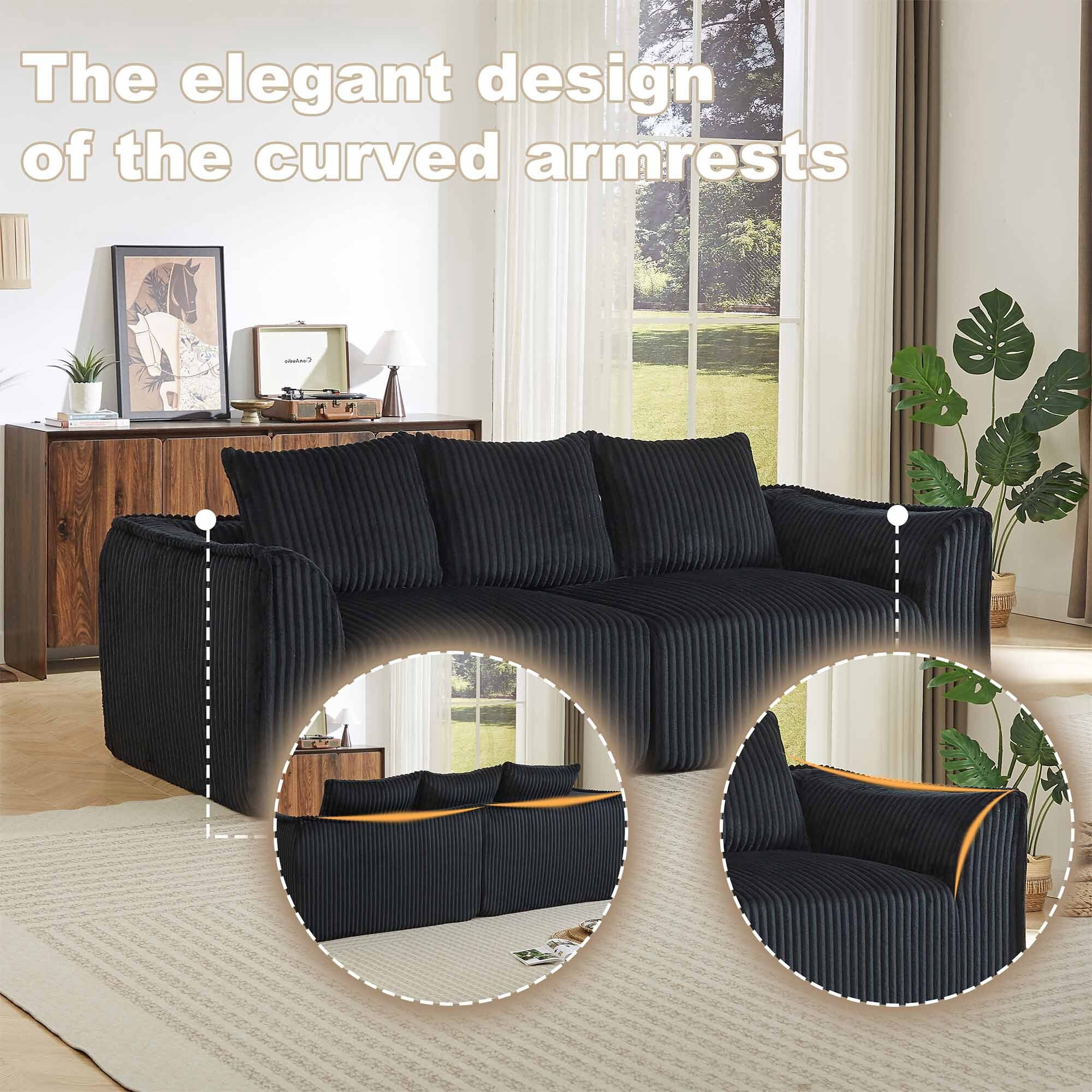 Lunale 3-Seater Modular Sectional Sofa, 92" Boneless Cloud Couch, No Assembly Required, Modern Corduroy Sofa for Living Room, Black