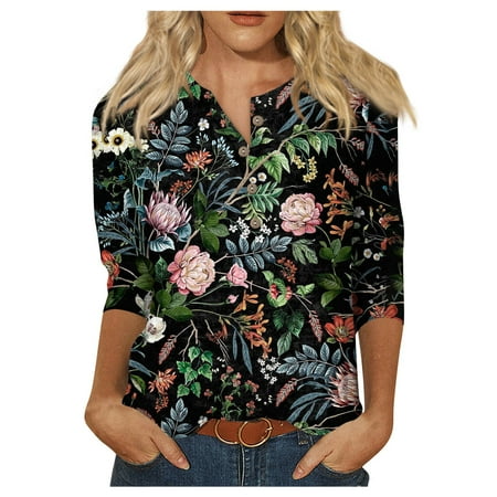 

RPVATI 3/4 Length Sleeve Blouses for Women Elbow V Neck Tops Office Outfits Plus Size Shirts Cute Button Down Ladies Tunic Maternity Floral Printed Clothing Fall Henley T Shirts Black L