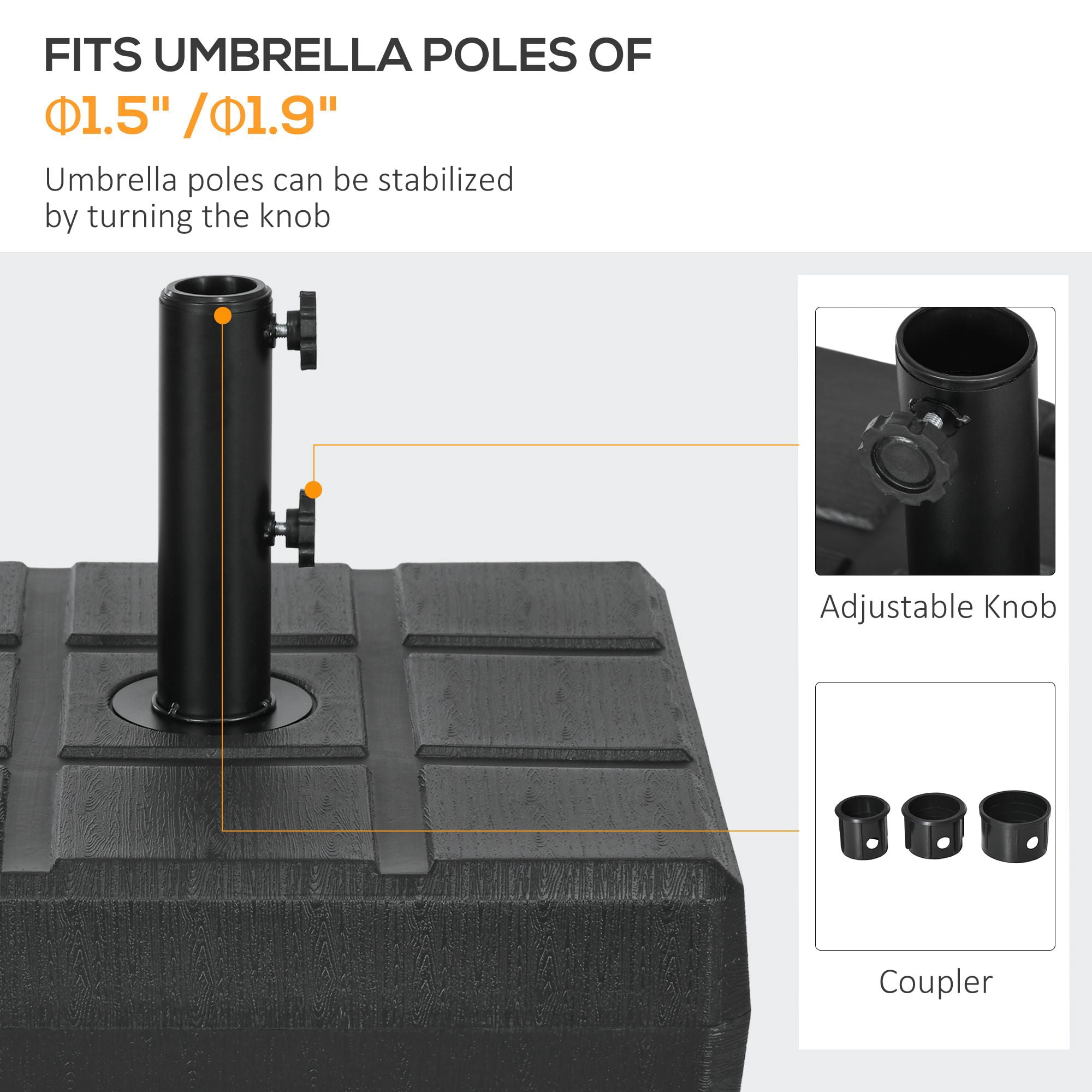 Dranite Umbrella Stand for 1.5" or 1.9" Poles, Fillable Umbrella Base, Black