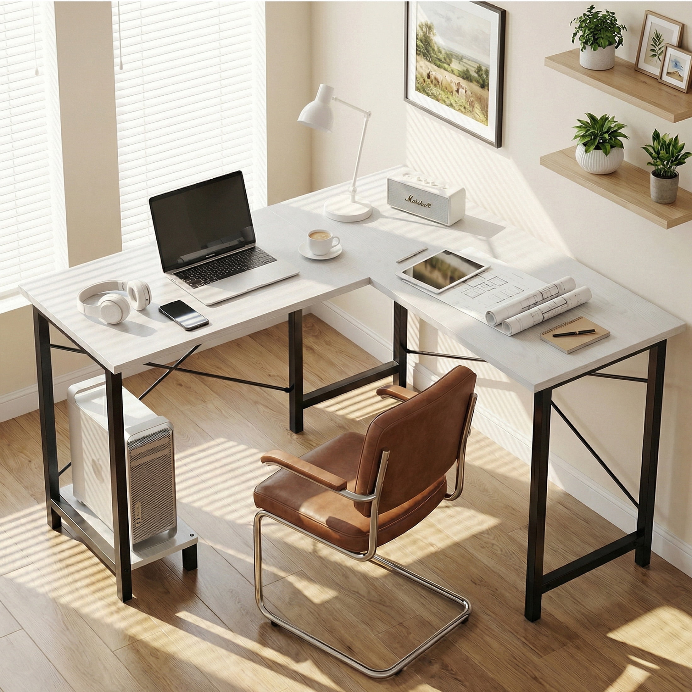 CONCETTA 49“ L Shaped Computer Desk with Movable CPU Stand, Corner Desk for Save Space, Home Office, White