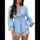 thumbnail image 3 of Blusa Cruzada con Cuello en V y Mangas Largas Abullonadas para Mujer, Camiseta Informal con Dobladillo con Volantes para y Verano. Azul S, 3 of 10