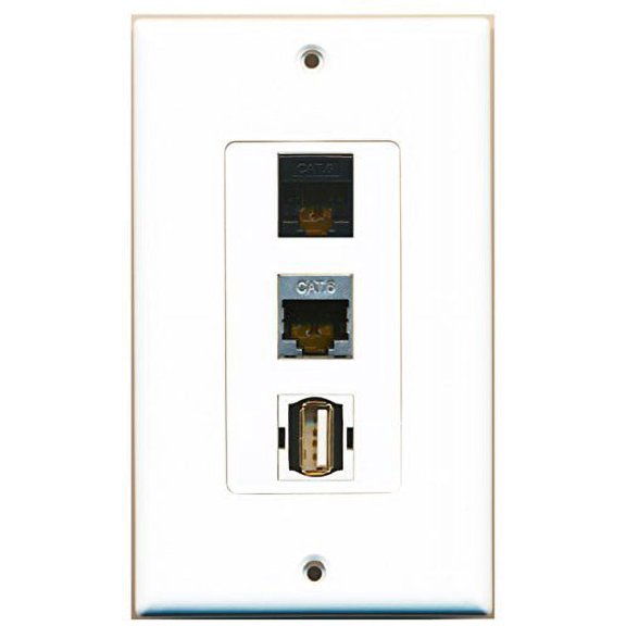 RiteAV - 1 Port USB A-A and 1 Port Shielded Cat6 Ethernet and 1 Port Cat6 Ethernet Black Decorative Wall Plate Decorative