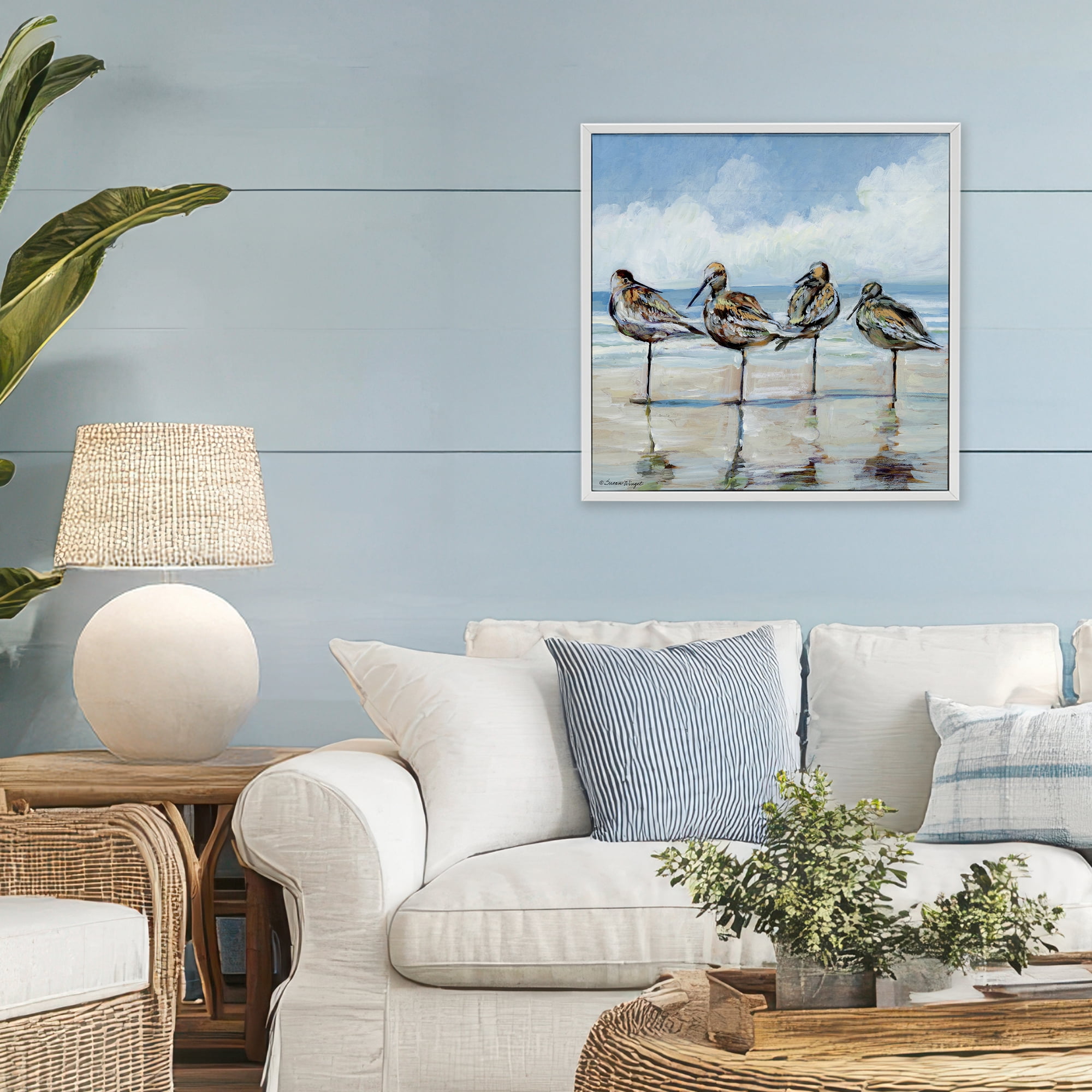 Stupell Industries Sandpipers Balancing On Beach White Framed Giclee Art, design by Susan Winget