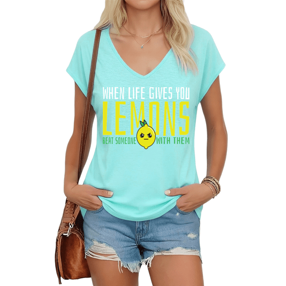 UNISHE Womens Blue When Life Gives You Lemons Print V Neck Short Sleeve T-Shirt Sassy Humor Attire S-5XL Tops