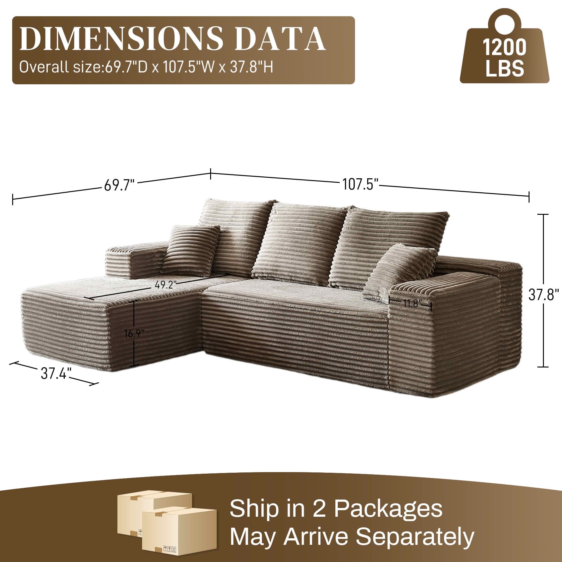 MAYEERTY 107-Inch Brown Faux Rabbit Hair Corduroy 6-Seat L-Shaped Modular Cloud Sofa, Minimalist Deep Seat Sleeper Sectional with Recliner, No Assembly Required