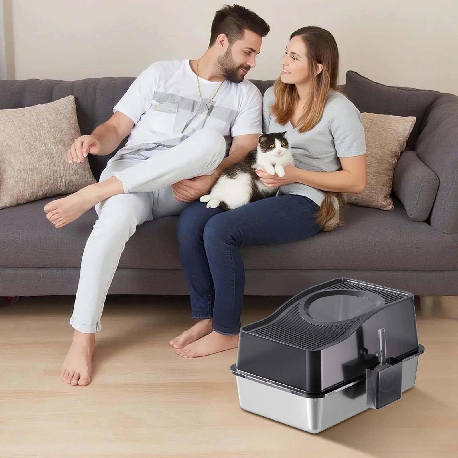 Yeshouse Stainless Steel Litter Box with Lid, Extra Large Enclosed Cat Litter Box for Big Cats, Anti-Leakage Metal Kitty Box with High Sided Enclosure Scoop Pedal & Non-Slip Mat Easy to Clean