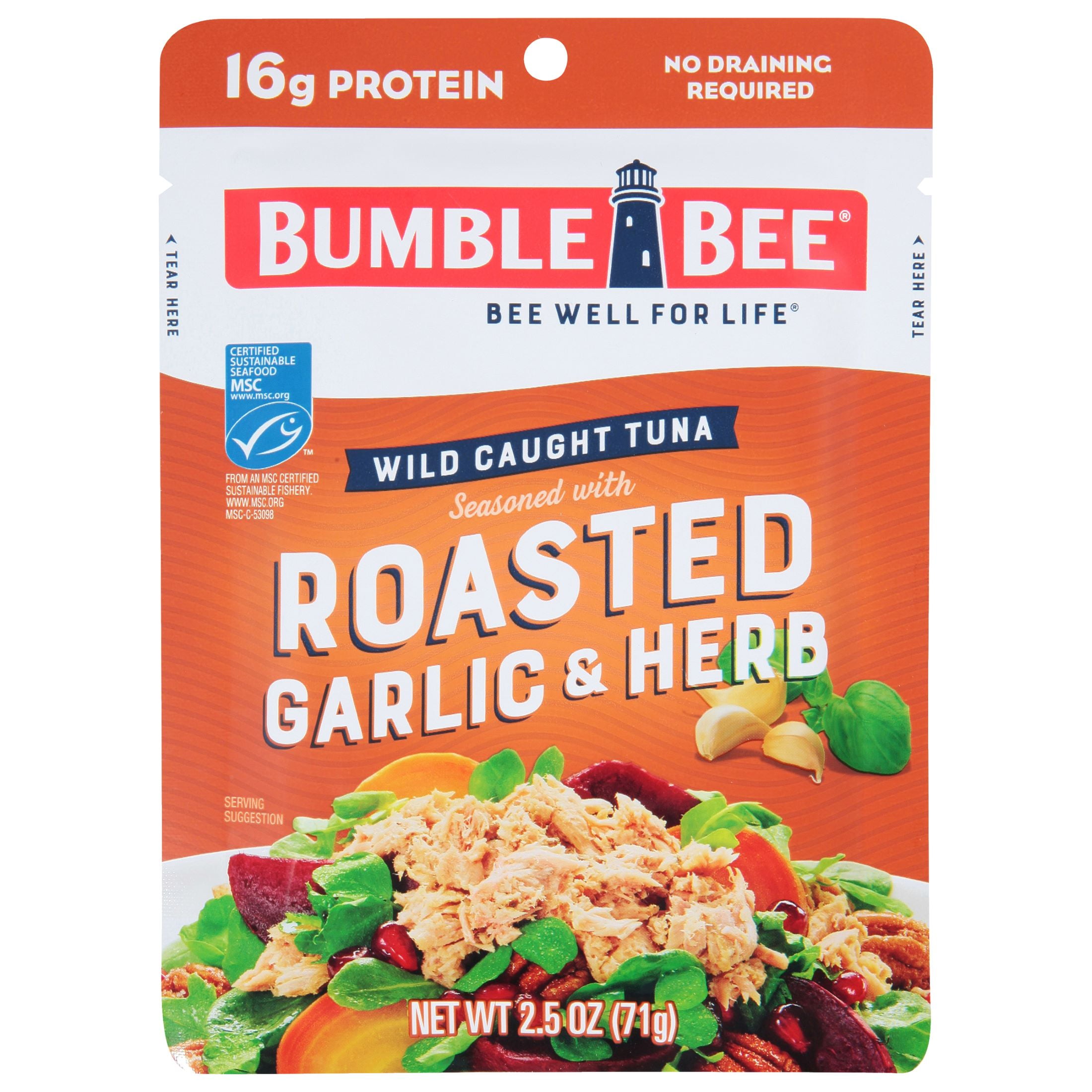 (12 pack) Bumble Bee Roasted Garlic & Herb Seasoned Light Tuna, Wild Caught, Gluten Free, 16g Protein per Serving, Shelf Stable Pouch, 2.5 oz