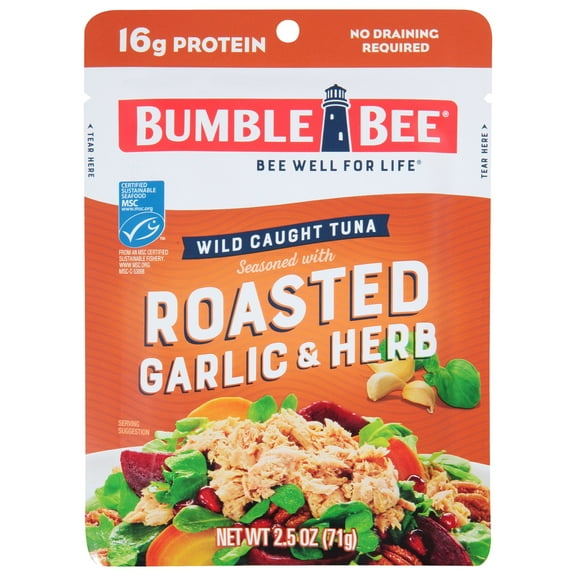 Bumble Bee Roasted Garlic & Herb Seasoned Light Tuna, Wild Caught, Gluten Free, 16g Protein per Serving, Shelf Stable Pouch, 2.5 oz