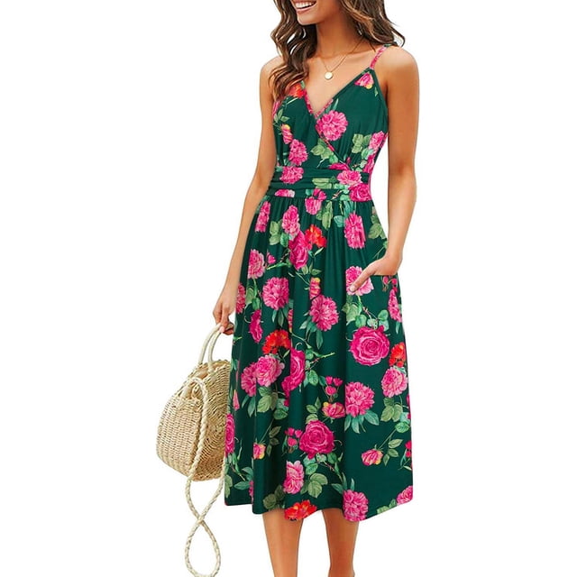 Nouvelle Robe Décontractée Décontractée de Poche Robe de Plage Imprimé Floral