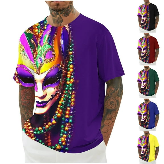 Jinhomg Mens Holiday Party T-Shirt Novelty Funny Mardi Gras Masks Graphic Tees Big and Tall Comfy 3/4 Sleeve Carnival Themed Tops 2025 Gifts Winter Saving Army Green M