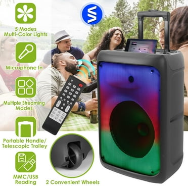 KOCASO Portable Wireless Party Speaker 5 Colorful Lighting Modes Stage Speaker TWS FM USB MMC Slot Aux in Recording Mic Priority Trolley Handle 2 Wheels Remote Control, 13.39x11.42x21.06in