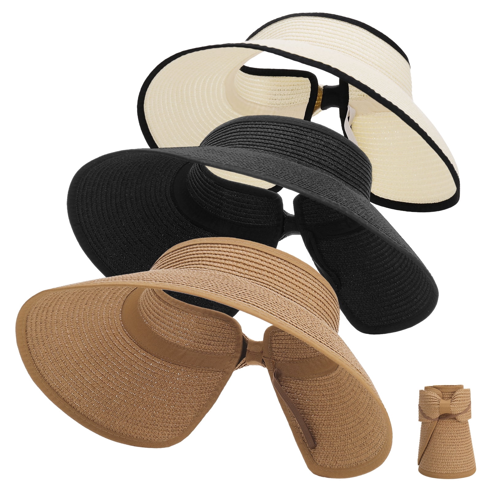 Kallina Straw Visor Sun Hat Wide Brim Packable Tan Black Bow Women\'s OS VG Wide Brim Oversized Bow Straw Visor main image 2