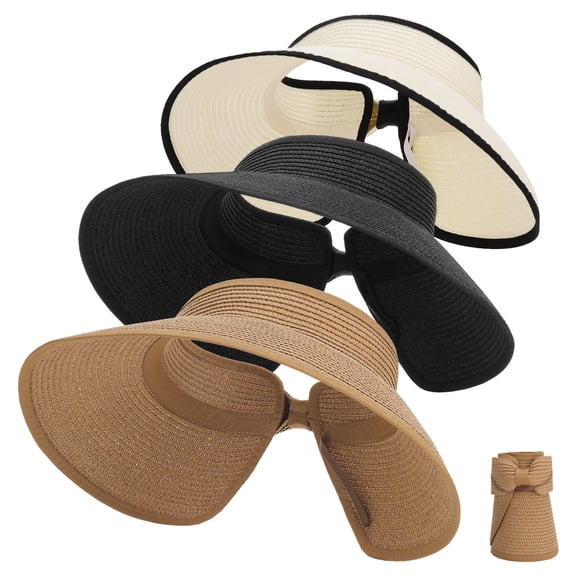 Bocaoying 3 Pack Women's Wide Brim Foldable Sun Hat, UPF Sun Protection Straw Hat, Packable Beach Hat with Ponytail Hole & Bow for Outdoor, Travel, Summer, Pool