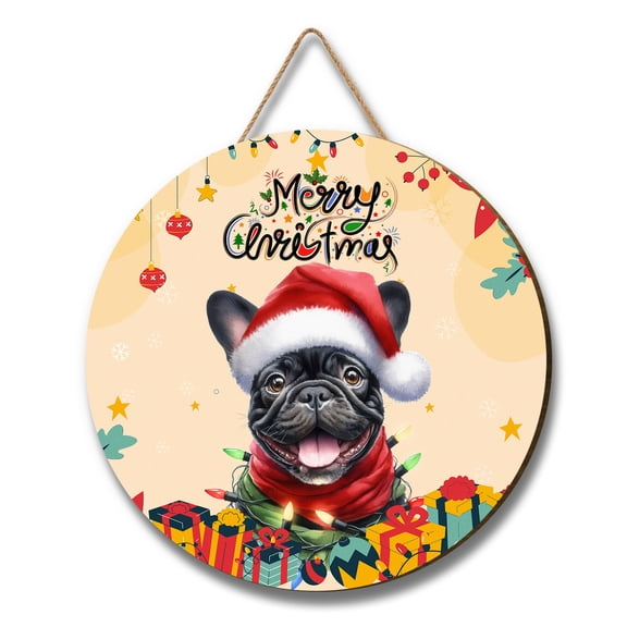 Merry Christmas Santa French Bulldog Scarf Twinkling Lights Xmas Holiday Round Wood Sign Dog Lover Gifts Hanging Wall Home Decor - 00022