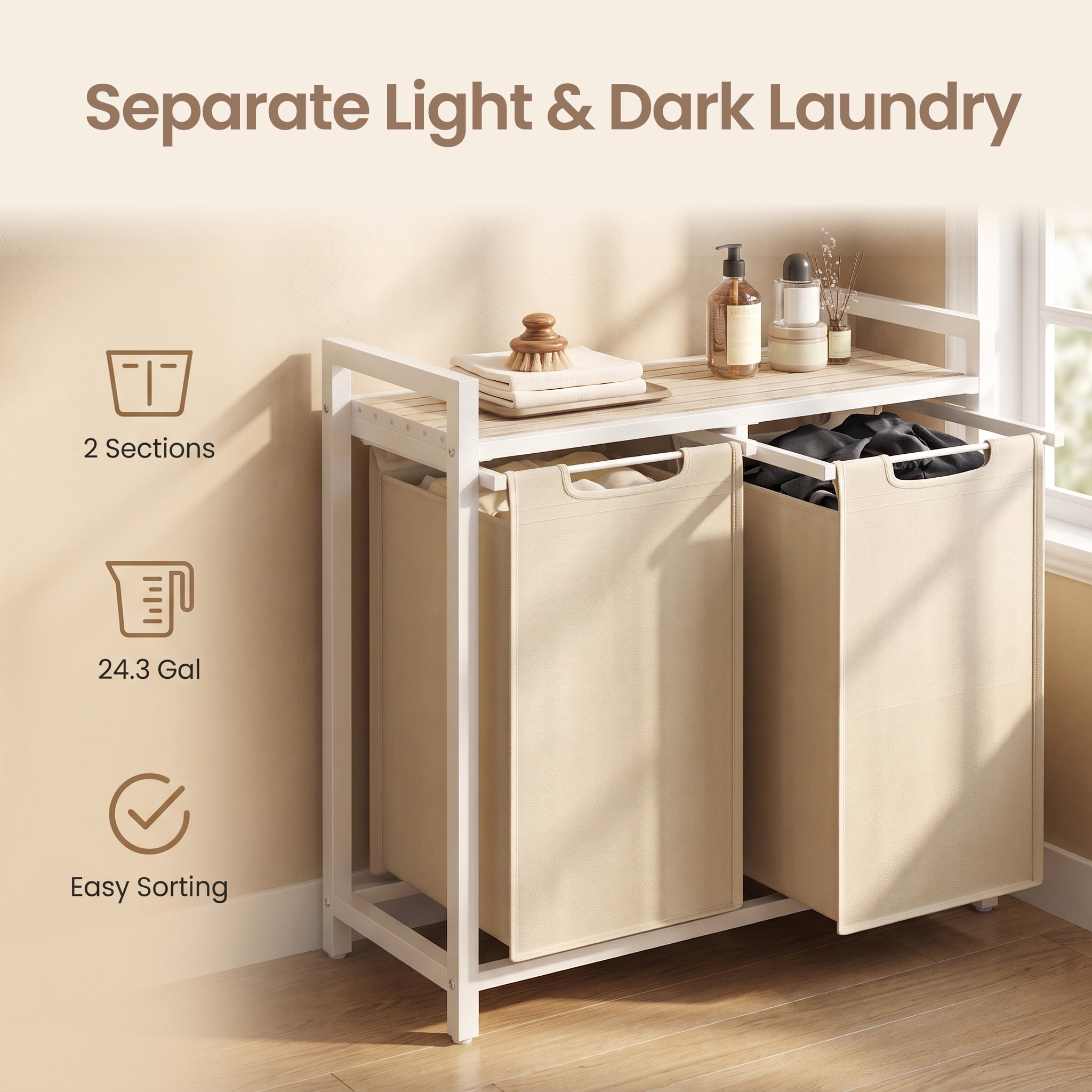 Ledrem Laundry Hamper with 2 Removable Bags, Sorting Basket, Shelf, Cappuccino Beige & Natural Beige