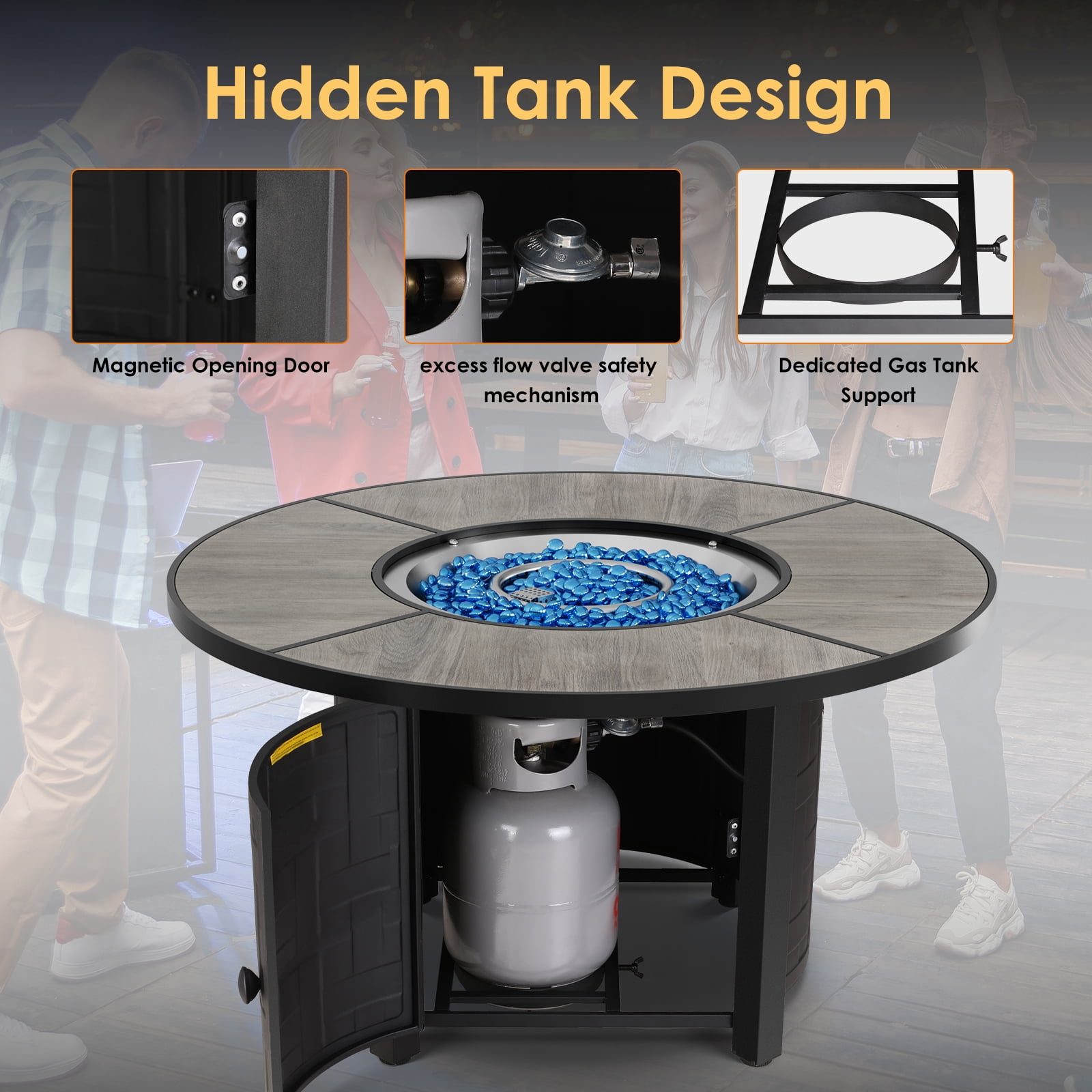 TLGREEN 42" Propane Fire Pit Table with Lid, 50,000 BTU Auto-Ignition Circular Gas Fire Pit for Outdoor, Includes Waterproof Cover & Blue Fire Glass (Gray)