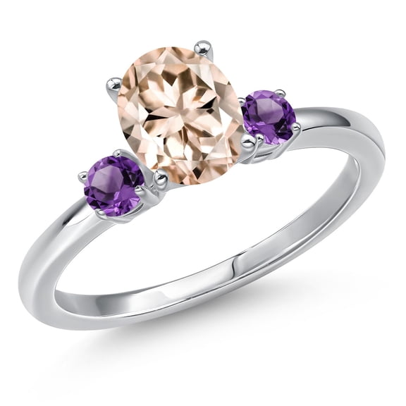 Gem Stone King 14K White Gold Peach Morganite and Purple Amethyst Engagement Ring for Women | 1.20 Cttw | Oval 8X6MM | Gemstone October Birthstone | Size 5