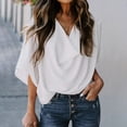 thumbnail image 2 of Guiexla Women T-shirt V-neck Pleated Neckline Flared Sleeve Solid Color Tee Shirt Loose Fit Summer Casual Tops Streetwear, 2 of 7