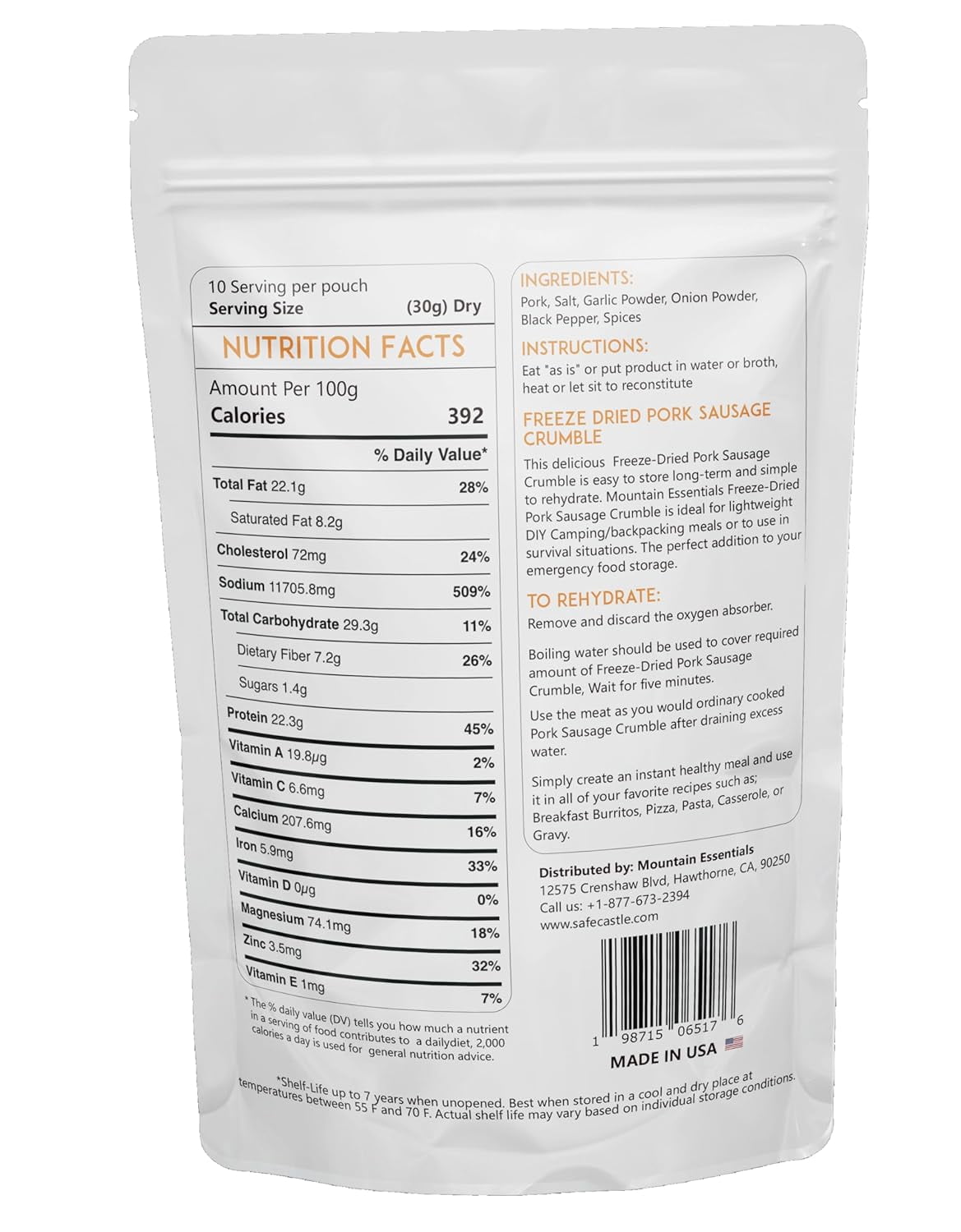 Mountain Essentials Freeze-Dried Pork Sausage Crumble – Fully Cooked, Ready to Eat – 10 Servings – Emergency, Camping, Daily Meals – 7-Year Shelf Life – Made in USA