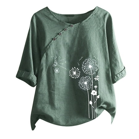 

Summer Women Cotton Linen Shirt Tops Fashion Vintage Casual Loose Tunic Tee Short Sleeve Plus Size Button Blouses
