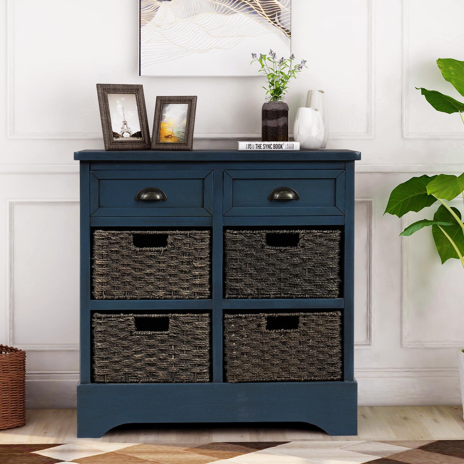 Rustic Storage Cabinet with Two Drawers and 4 Classic Rattan Basket ...