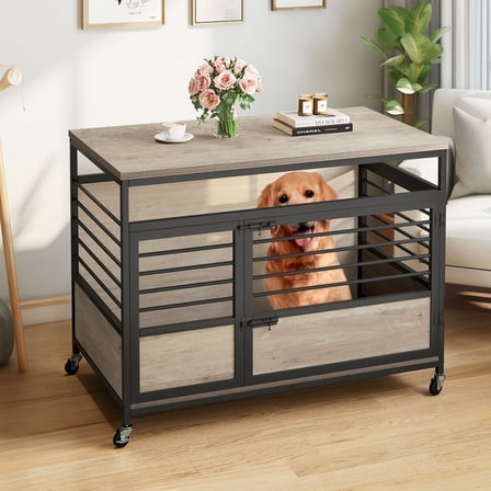 SAEWUD 39" Heavy Duty Dog Crate Furniture - Double Door Pet Kennel with Wheels, Portable Dog Cage House for Medium/Large Dogs