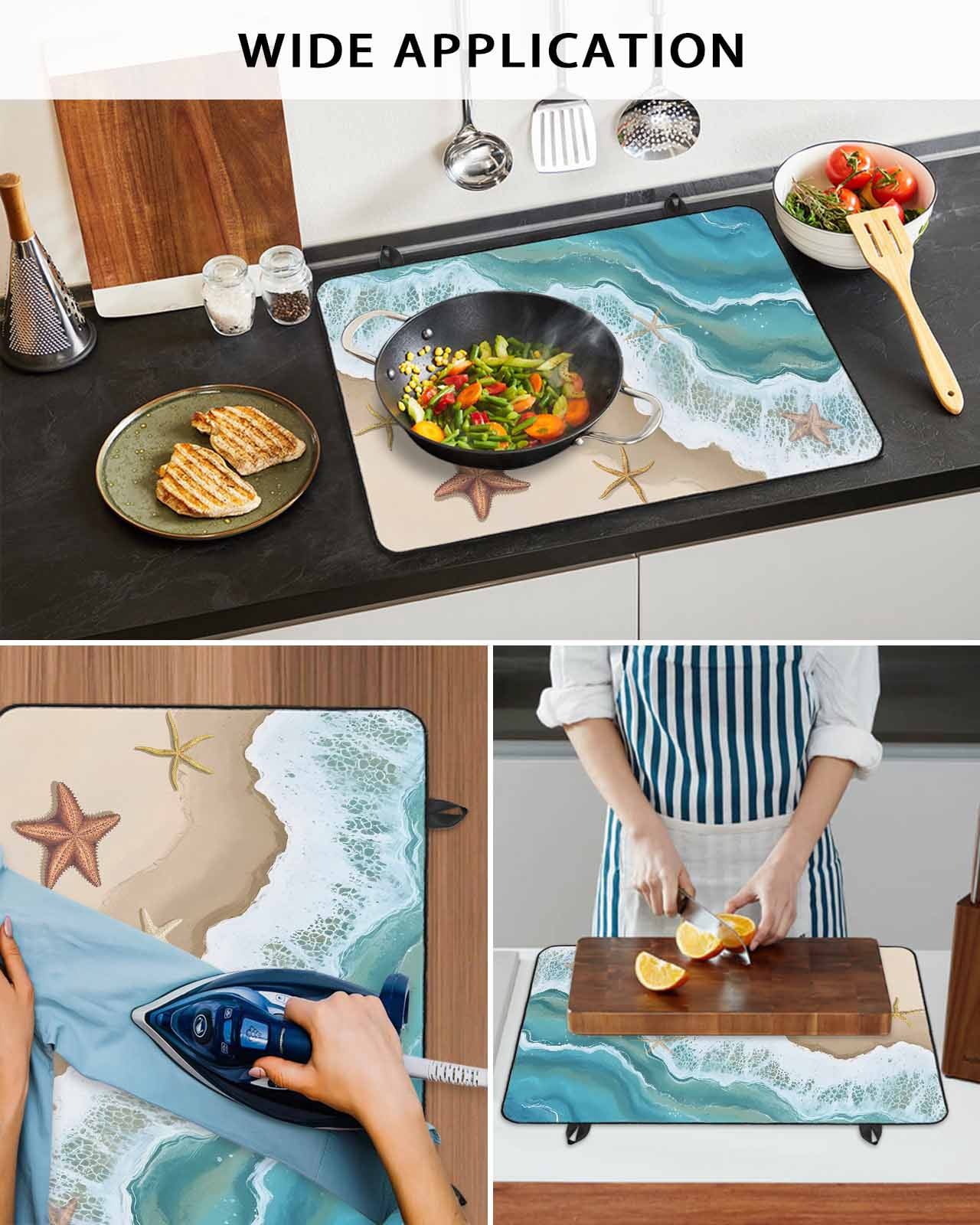 nqOlkjepod Large Induction Cooktop Protector Mat 24"x21", Green Ocean Stove Top Covers for Electric Stove, Summer Coastal Starfish Sea Waves Decorative Stove Burner Cover Mats, Glass Top Stove Cover