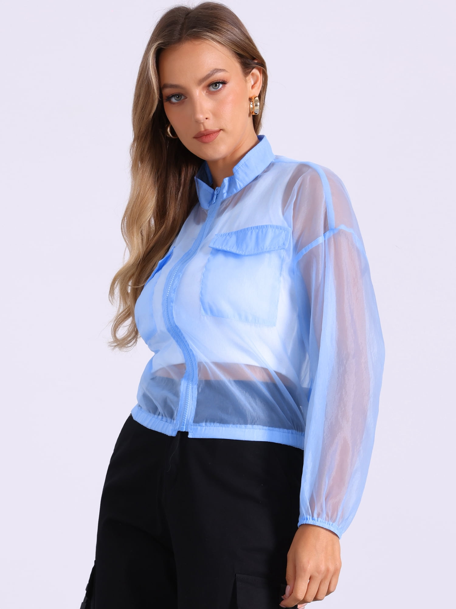 DARING DIVA Women's Sheer Bomber Zip Up Long Sleeve See Through Jackets L Light Blue