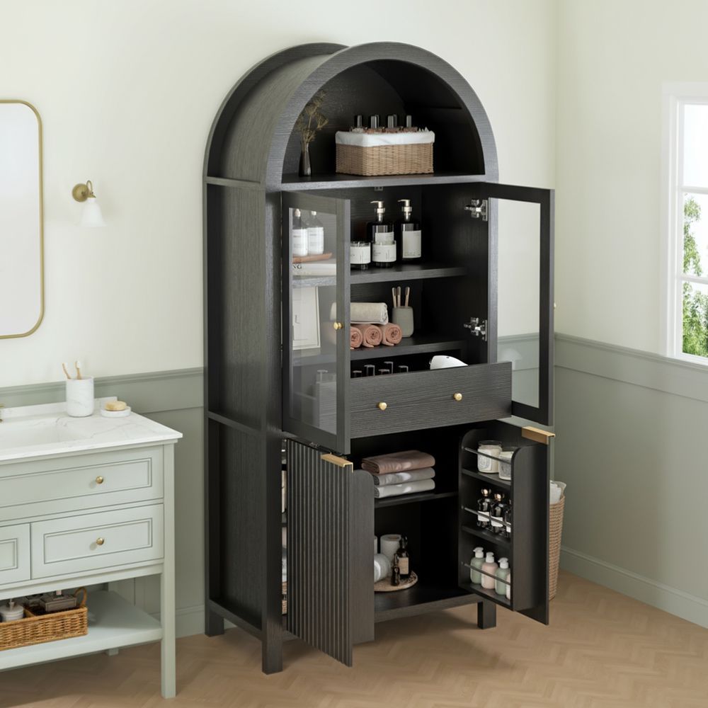 MIDOQIN  71" Tall Arched Bookcase, Farmhouse Display Cabinet with Adjustable Shelves, Hidden Drawer & Glass Door Bookshelf