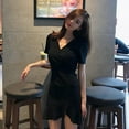 thumbnail image 2 of Femmes Slim Robe V-Cou Manches Courtes Solide Casual Taille Haute Volants Asymétrique Robe, 2 of 9
