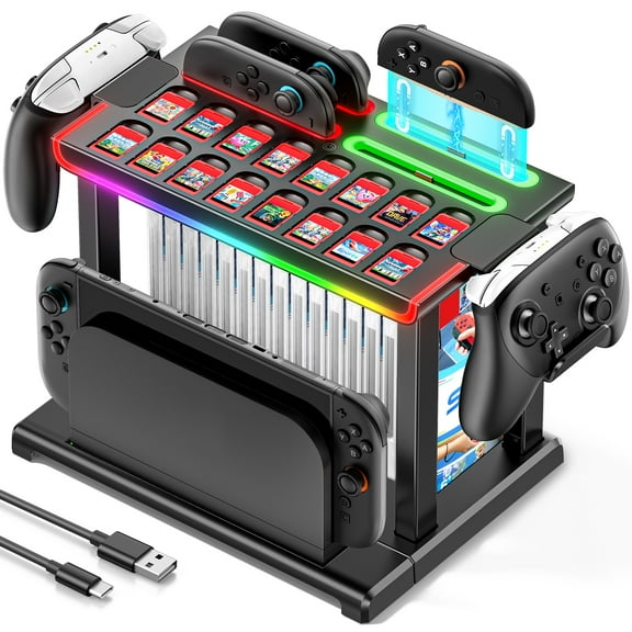Switch 2 Games Organizer Station Tower with Joy-Con Charger, Joy-Con 2 Charging Dock with RGB Light, Storage and Organizer for Games, Switch 2 TV Dock, Pro Controller, Accessories Kit