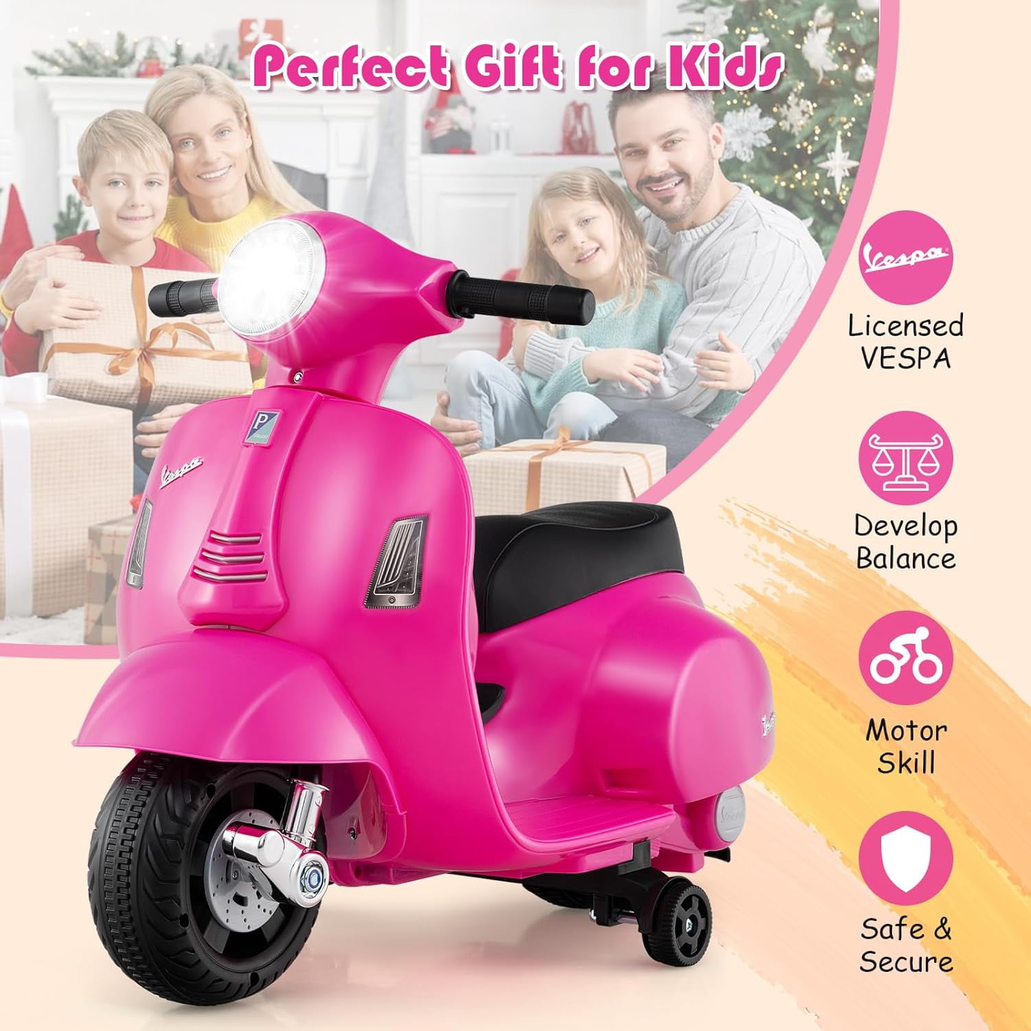 Licensed Vespa Kids Motorcycle by OLAKIDS, 6V Battery Powered Motorbike for Toddlers with Training Wheels, Horn, LED Lights, Electric Ride on Toys for Boys Girls Aged 18-36 Months