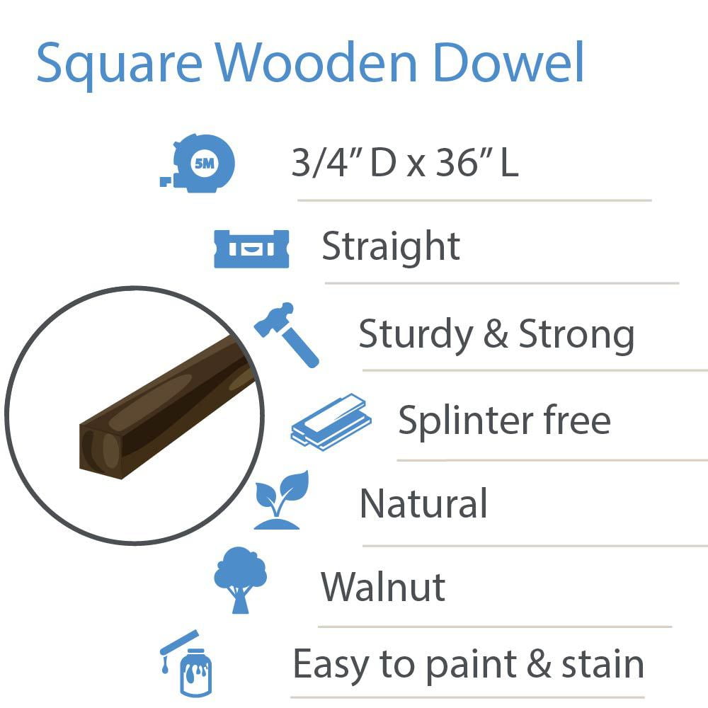 Walnut Wood Square Dowel Rods, 3/4 inch x 36, Pack of 10 Wooden Sticks for Crafts and Woodworking, by Woodpeckers