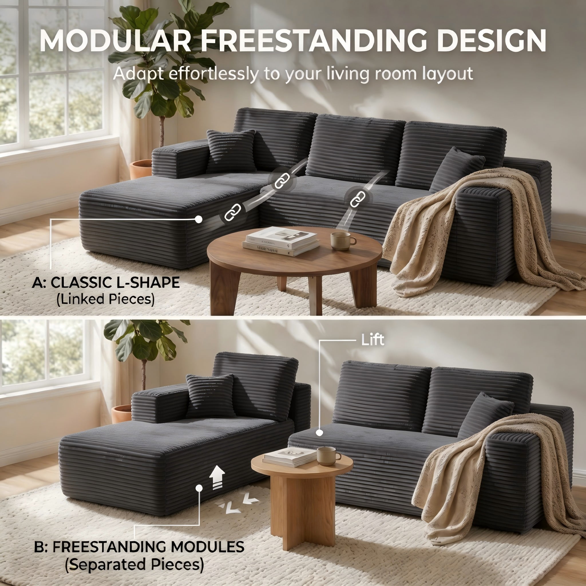 104" Cloud Sectional Sofa with Chaise, L-Shaped Corduroy Couch for Living Room, Zero Assembly, Memory Foam & Pocket Spring, Arrives in 2 Boxes, Left Facing (Grey)