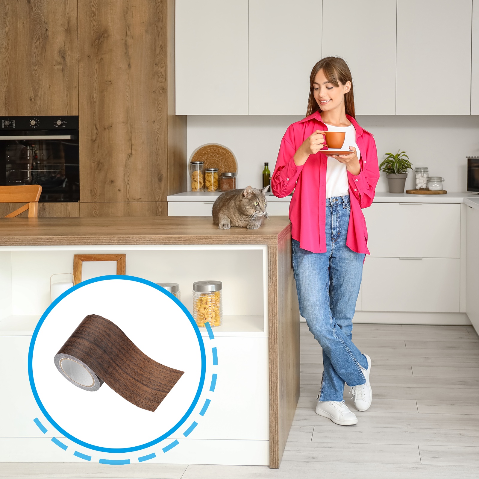 Uxcell Wood Grain Repair Tape 2.2" x 14.99' Self Adhesive Realistic Textured Repair Tape Patch with Scraper Dark Brown Oak