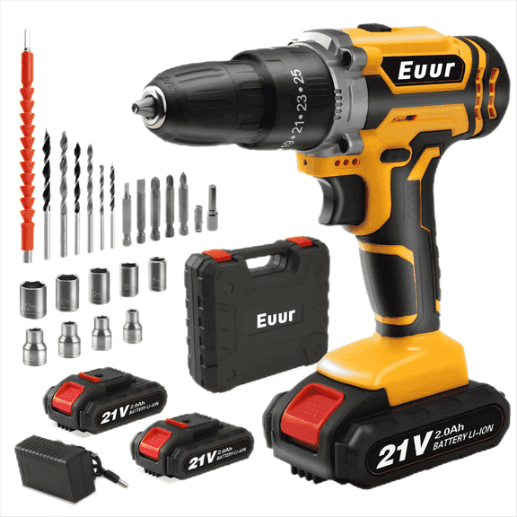 Euur Cordless Drill, 21V Power Drill Set with 2Ah Battery, 3/8"Keyless Chuck, 25 1 Position Electric Drill, 2-Speed Transmission For Screwdriving And Drilling, Yellow