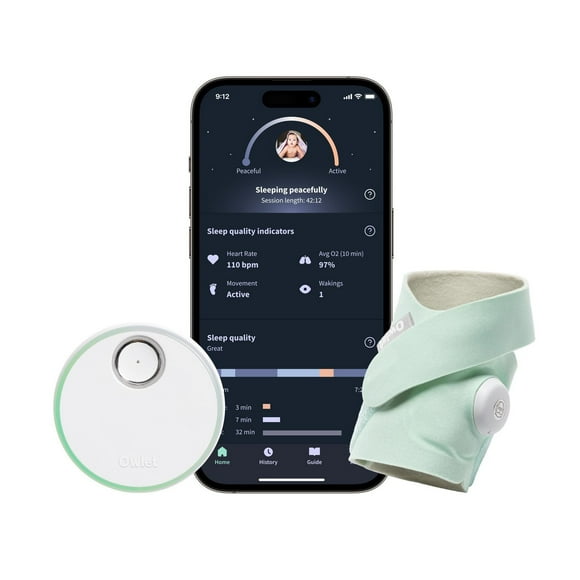 Owlet Dream Sock - Moniteur intelligent pour bébé avec indicateurs de qualité de sommeil, y compris les mouvements, la fréquence cardiaque et les niveaux moyens d’oxygène - Menthe
