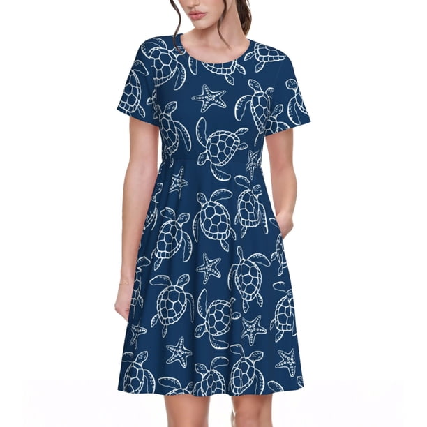 Fotbe Sea Turtle Vestido Largo de Moda para Mujer, Vestido Tipo Camiseta con Manga Corta y Estilo Casual a Rayas y Bloques de Color