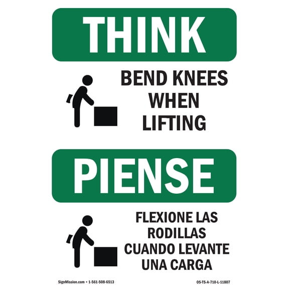 OSHA THINK Sign - Bend Knees When Lifting Bilingual | Plastic Sign | Protect Your Business, Construction Site, Warehouse & Shop Area | Made in the USA