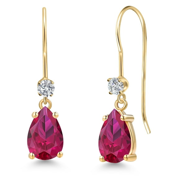 Gem Stone King 14K Yellow Gold Red Created Ruby and Lab Grown Diamond Earrings for Women | 2.23 Cttw | Gemstone July Birthstone | Pear Shape 8X5MM
